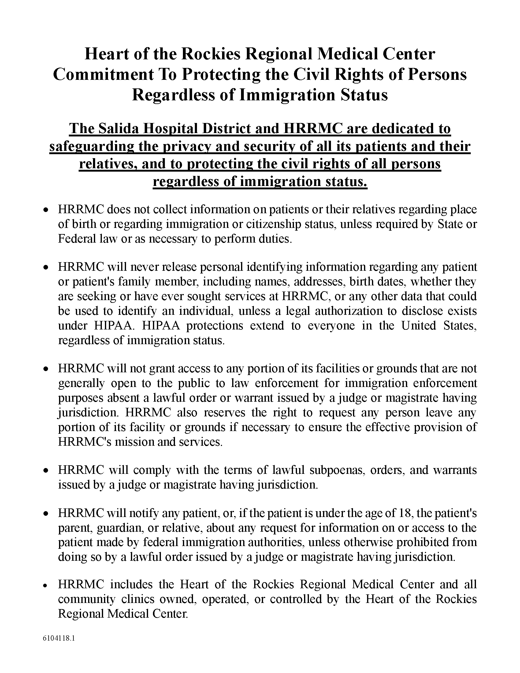 HRRMC Commitment To Protecting the Civil Rights of Persons Regardless of Immigration Status